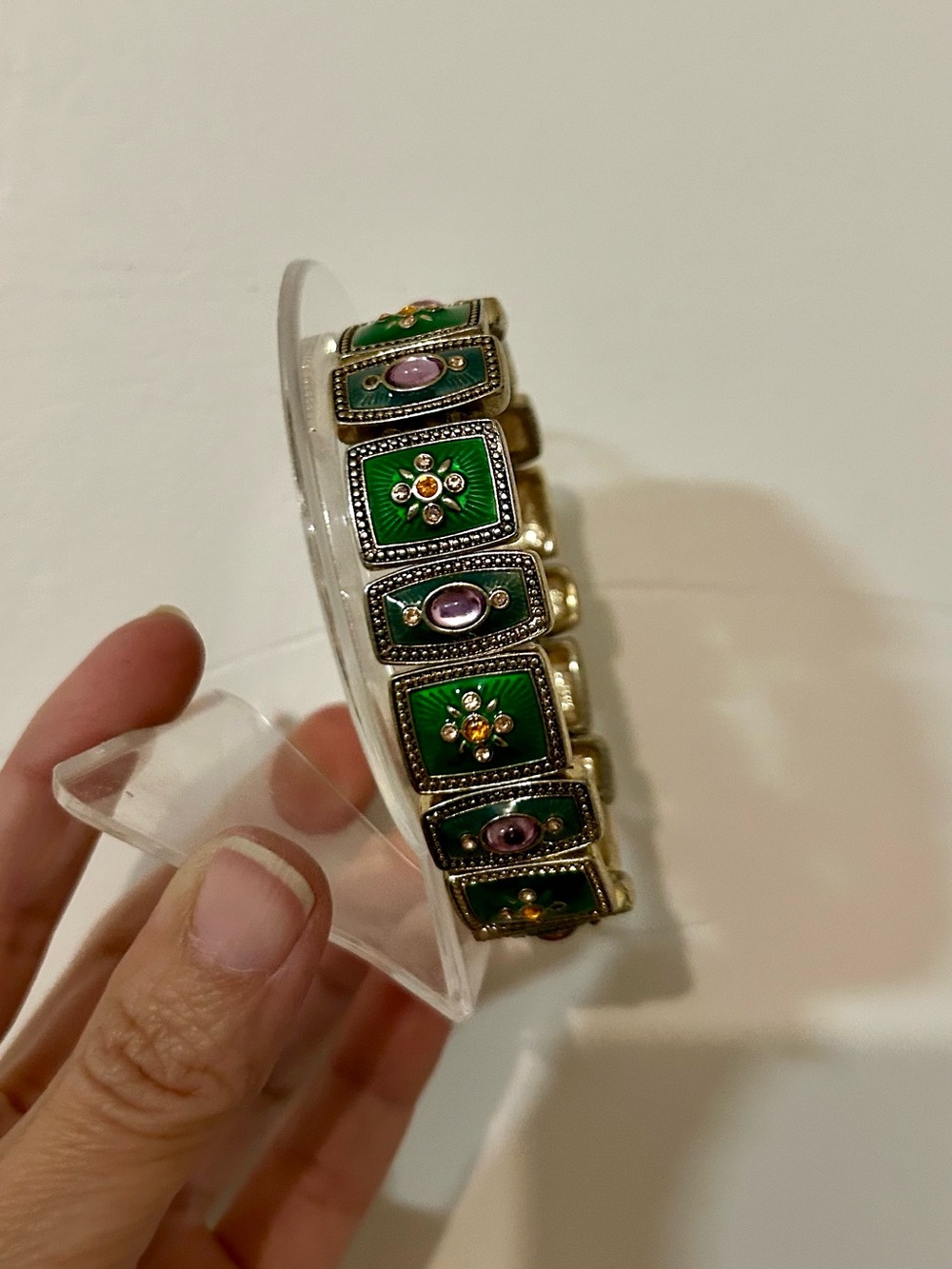 Vintage Napier Gold Tone Bracelet Green Enamel Amethyst Cabochon Rhinestone